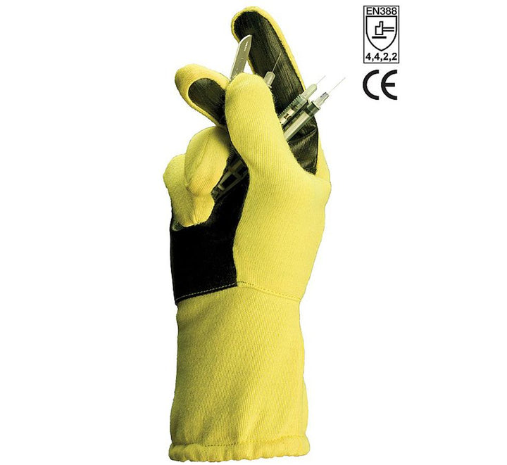A Person Wearing a Yellow and Black Palm TurtleSkin® SevereGear Plus Long Length Cuff Holding Several Small Syringes - Sentinel Laboratories Ltd