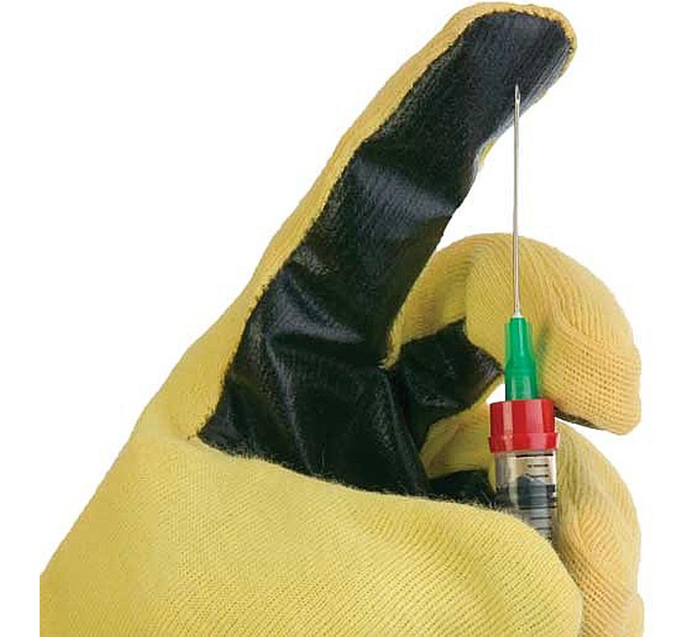 A Single Black Palmed, Yellow TurtleSkin® SevereGear Plus Glove Holding a Sharp Syringe - Sentinel Laboratories Ltd
