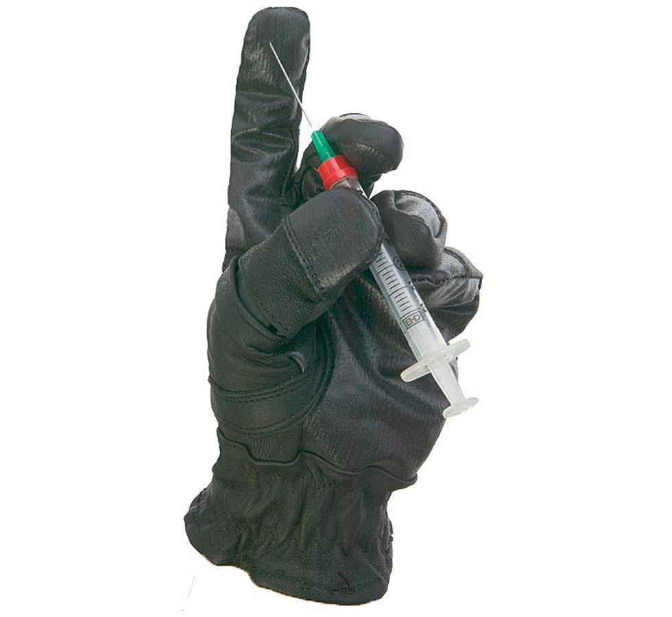 A Single All Black TurtleSkin® Utility Glove Holding a Sharp Syringe - Sentinel Laboratories Ltd