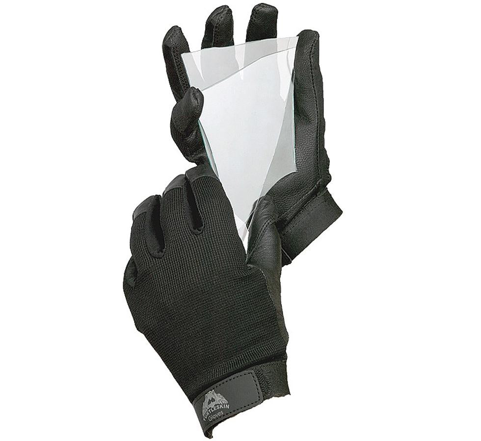 A Pair of Black Textile TurtleSkin® WorkWear Plus Gloves Holding a Piece of Glass - Sentinel Laboratories Ltd