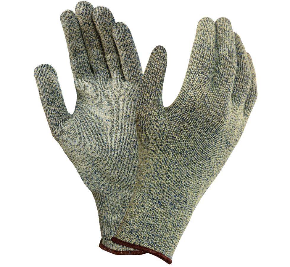 A Pair of Yellow/Blue Knit VANTAGE® 70-750 Gloves with Brown Beaded Cuffs - Sentinel Laboratories Ltd
