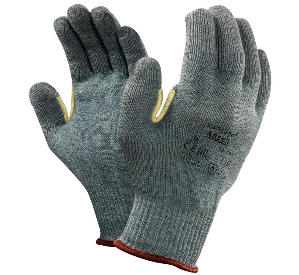 A Pair of Grey Knitted VANTAGE® 70-761 Gloves with Brown Beaded Cuffs and Black Lettering - Sentinel Laboratories Ltd