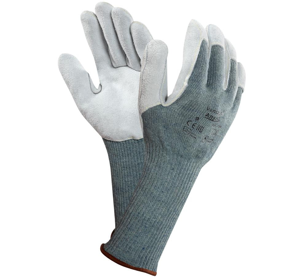 A Pair of Grey and White Long Length Cuff VANTAGE® 70-766 Knitted Gloves with Brown Beaded Cuffs and Black Lettering - Sentinel Laboratories Ltd