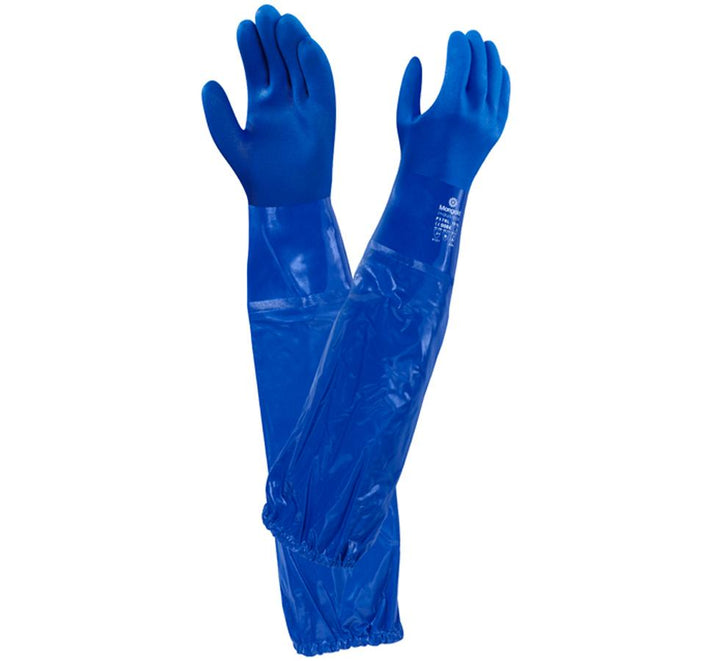 A Pair of Dark Blue Long Cuff Length VERSATOUCH® 23-201 (previously P57BL) Gloves with White Lettering on Shiny Cuffs - Sentinel Laboratories Ltd
