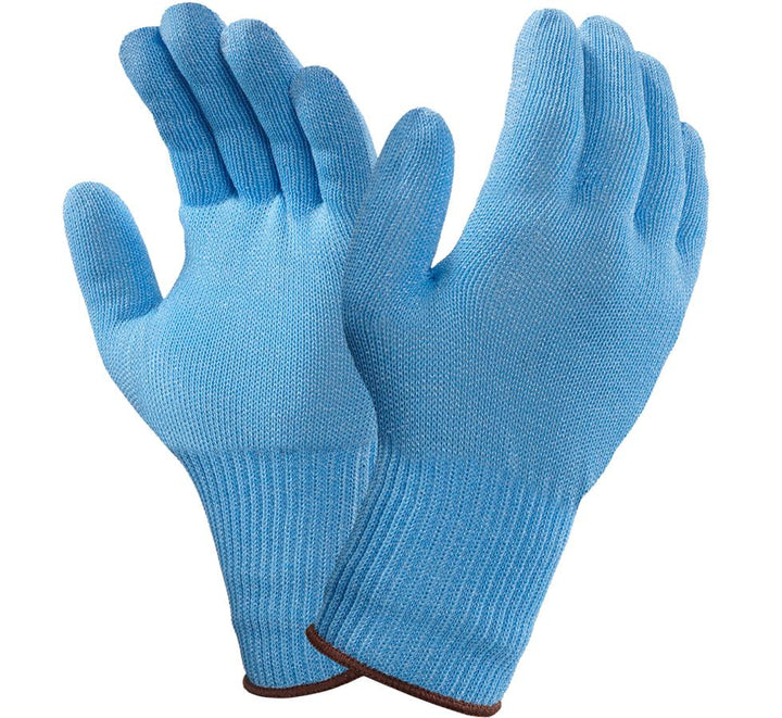 A Pair of Baby-Blue Coloured Knitted VERSATOUCH 72-286® (previously proFood® Safe-Knit®) Gloves with Brown Beaded Cuffs - Sentinel Laboratories Ltd