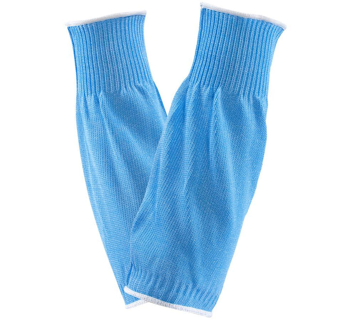 A Pair of Baby-Blue Coloured VERSATOUCH 72-290® (previously proFood® Safe-Knit®) Knitted Arm Protectors, White Beaded Ends - Sentinel Laboratories Ltd