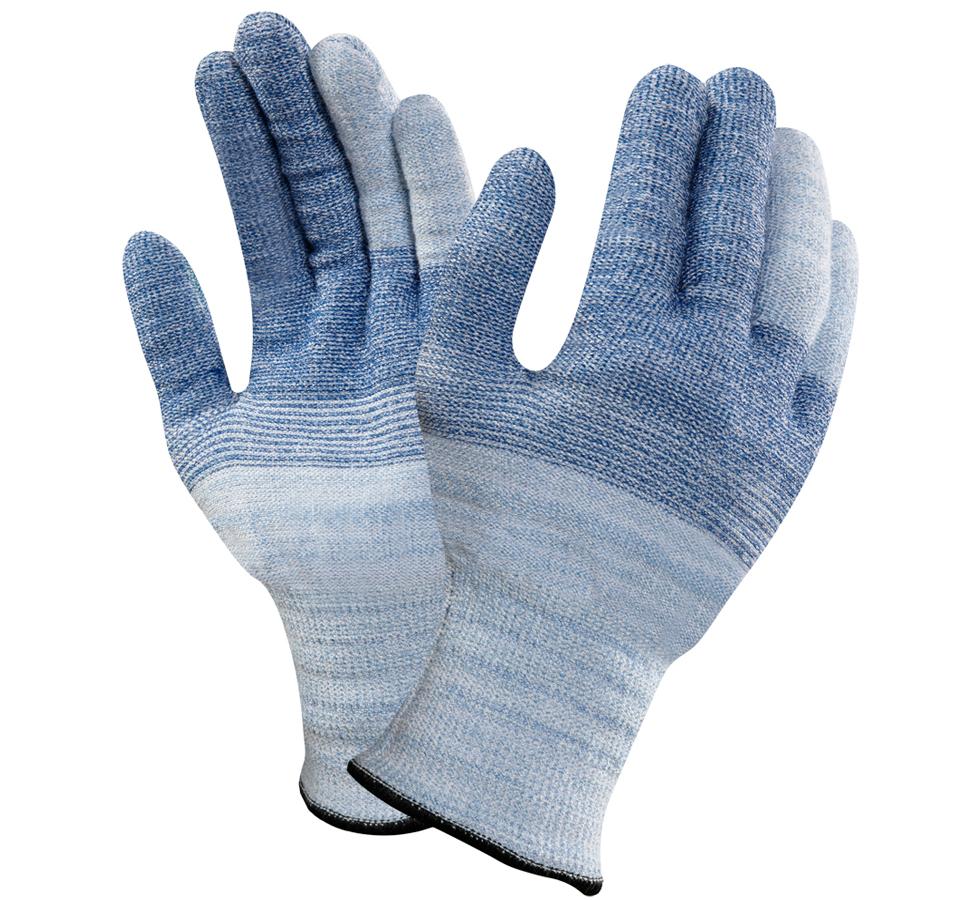 A Pair of Blue and Grey Knitted VERSATOUCH® 74-718 Gloves with Black Beaded Cuffs - Sentinel Laboratories Ltd