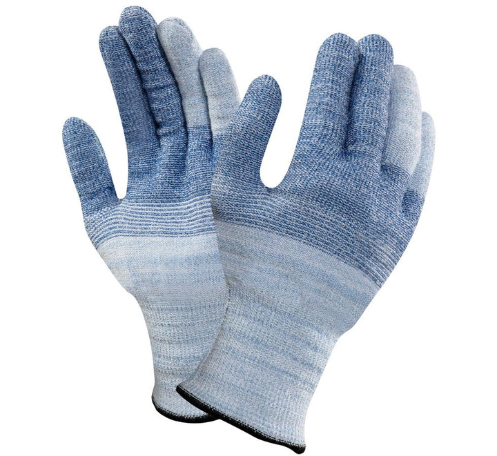 A Pair of Blue and Grey Knitted VERSATOUCH® 74-718 Gloves with Black Beaded Cuffs - Sentinel Laboratories Ltd