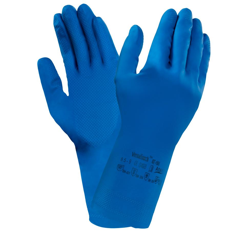 A Pair of Blue Long Length Cuff VERSATOUCH® 87-195 Gloves with Black Lettering on Cuff - Sentinel Laboratories Ltd