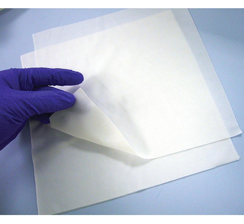 A Person Wearing a Purple Glove Holding a White SteriClean® Laser Sealed Polywipes on a Light Blue Background - Sentinel Laboratories Ltd