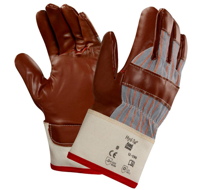 A Pair of Brown Leather, Blue and Cream Coloured Cuff WINTER HYD-TUF® 52-590 Gloves with Black Lettering - Sentinel Laboratories Ltd