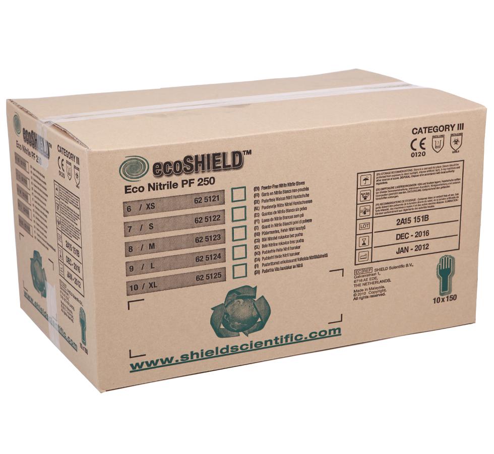 A Cardboard Tan Coloured Box of ecoSHIELD™ Eco Nitrile PF 250 Green Nitrile Gloves with Black and Green Lettering - Sentinel Laboratories Ltd