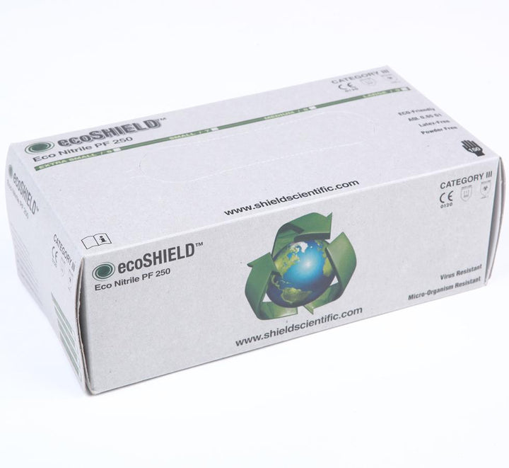 A Single White Box of ecoSHIELD™ Eco Nitrile PF 250 Green Nitrile Gloves with an Earth Globe on Front - Sentinel Laboratories Ltd