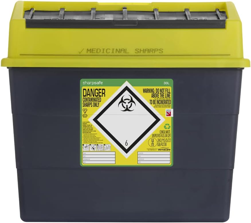 Sharpsafe 30L sharps bin with grey main bin and yellow top closure