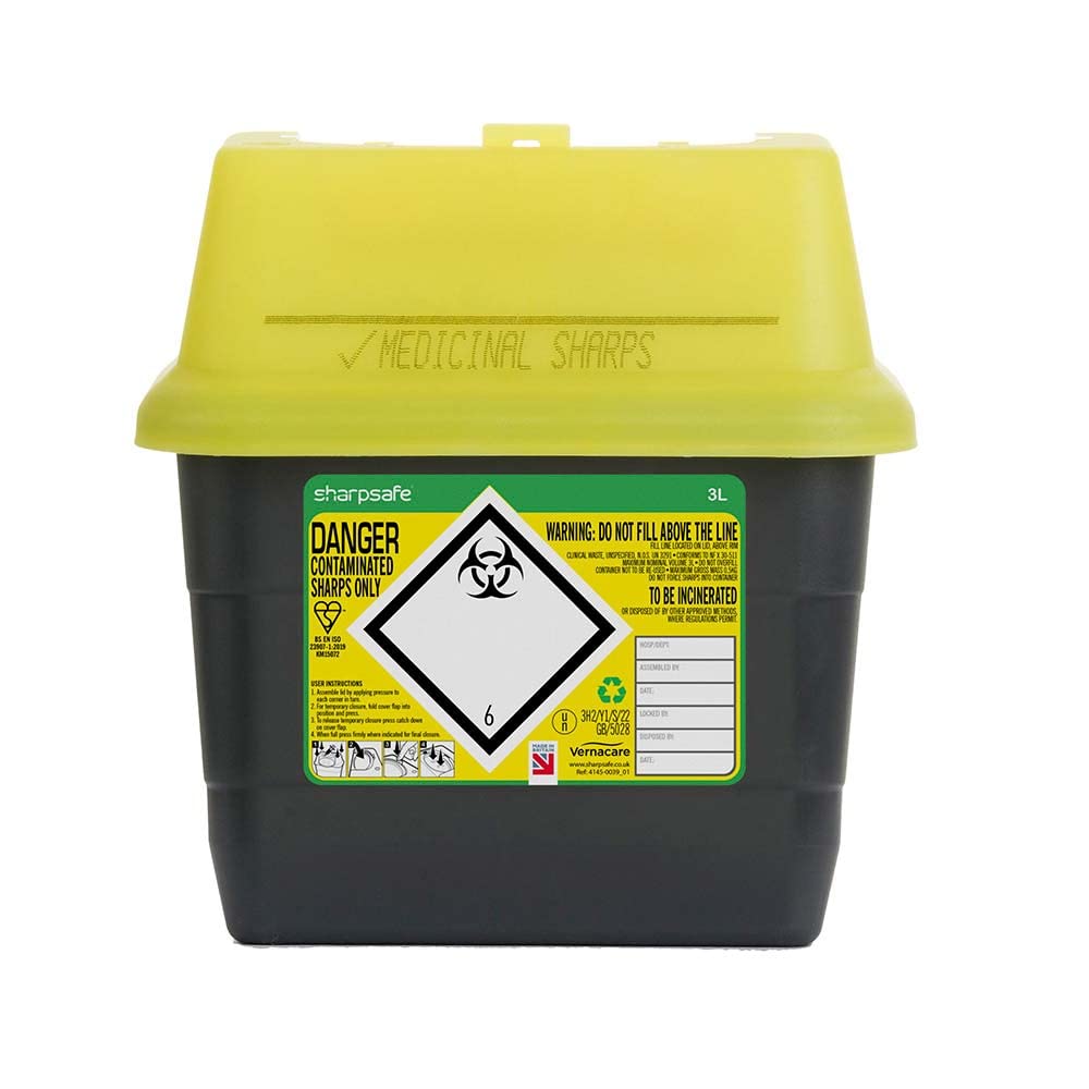 Sharpsafe 3L sharps bin with grey main bin and yellow top closure