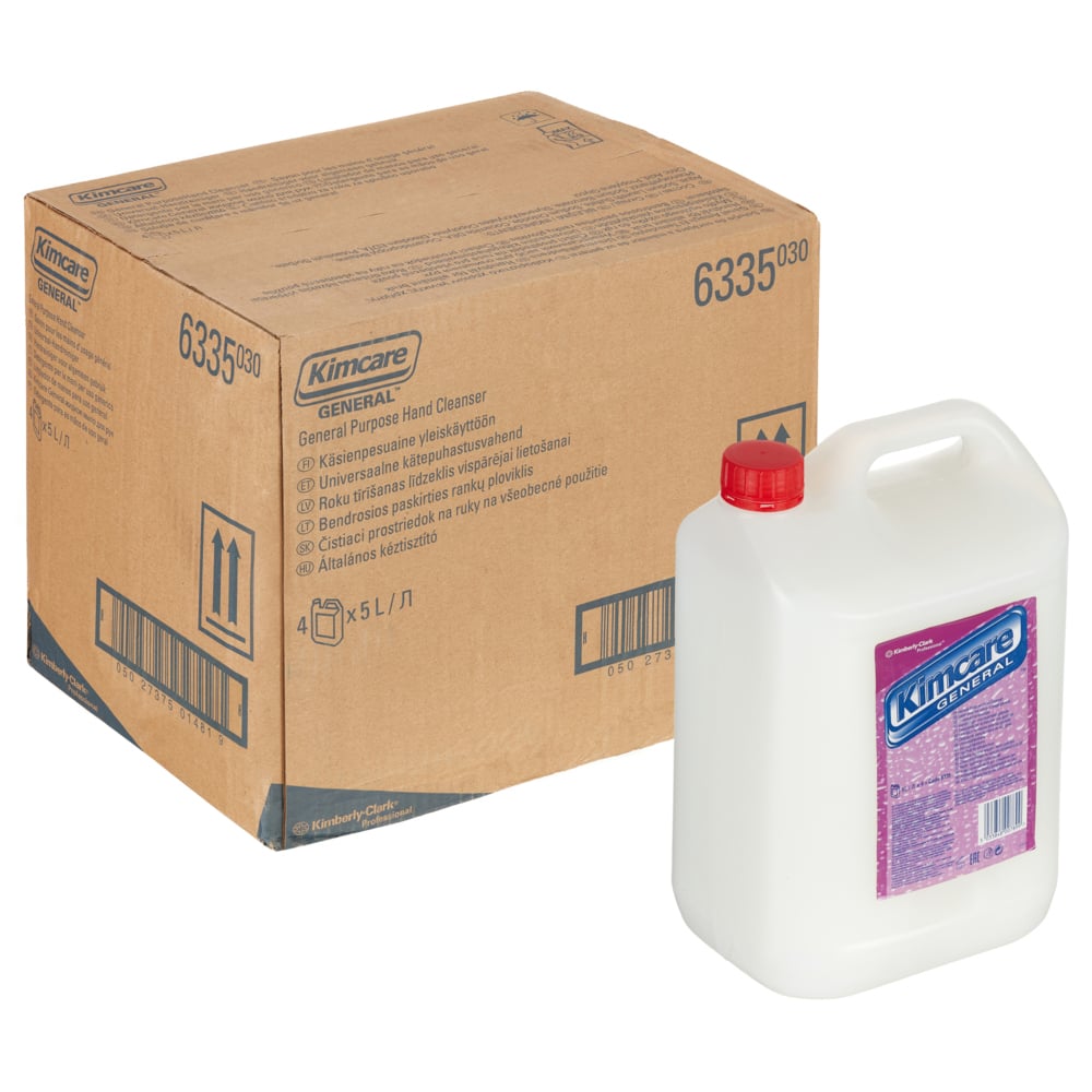 A Brown and Blue Case and White, Purple, Blue and Red Jug of 6335 Kimcare General Hand Cleanser