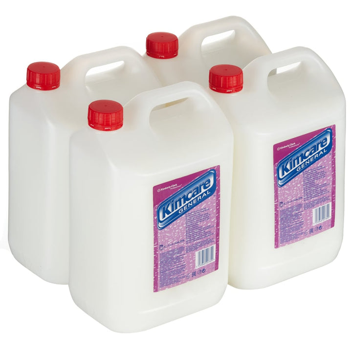 A Stack of Four Jugs of 6335 Kimcare General Hand Cleanser