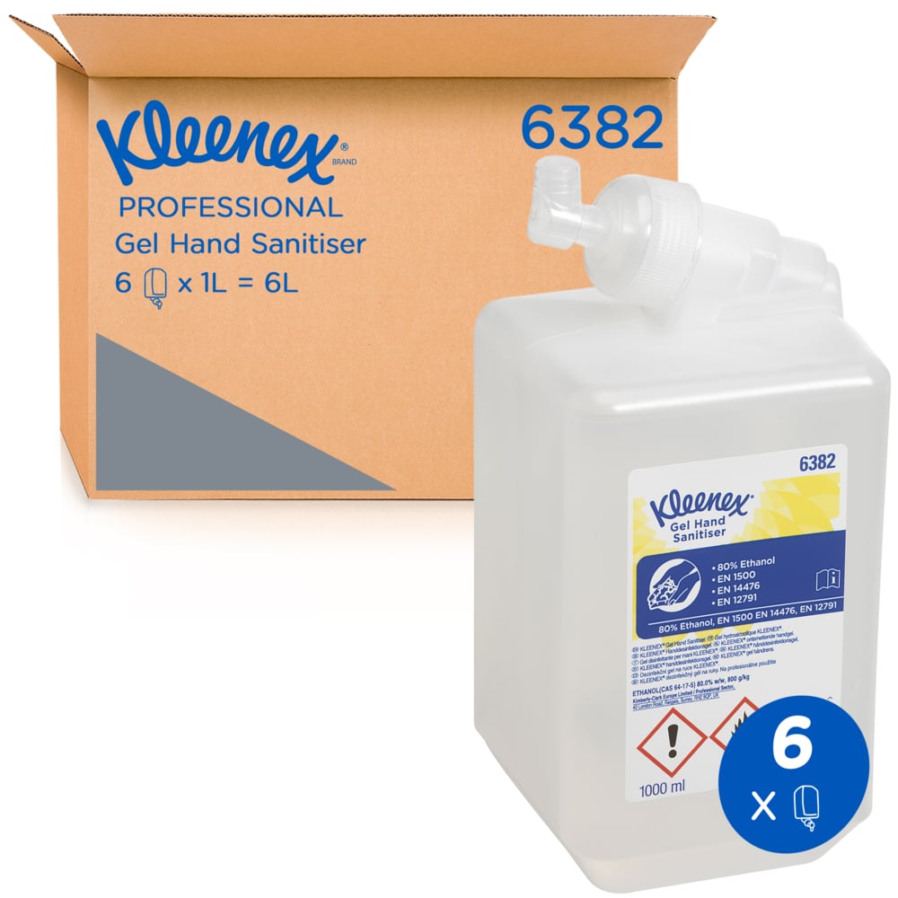 A Single Clear, White, Yellow and Blue Kleenex 6382 Gel Hand Sanitiser Refill Next to a Brown and Blue Case