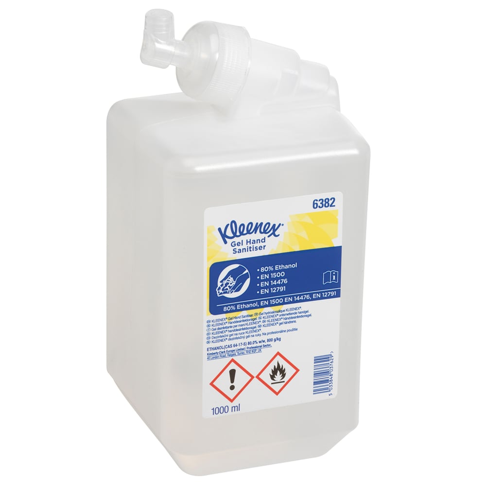 A Single Clear, White, Blue and Yellow Refill of 6382 Kleenex Gel Hand Sanitiser