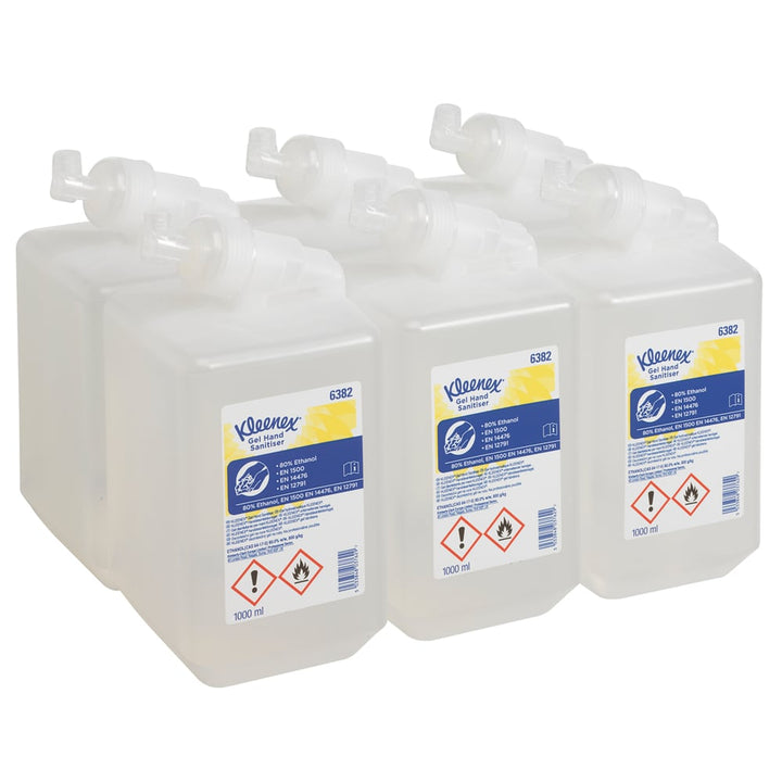 A Stack of Six Clear, White, Blue and Yellow Refills of 6382 Kleenex Gel Hand Sanitiser