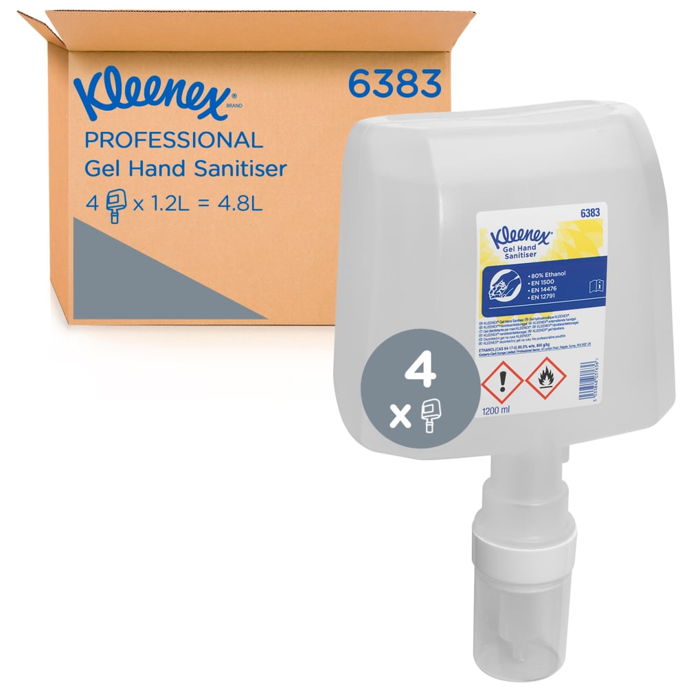 A Single Clear, White, Blue and Yellow 6383 Kleenex Gel Hand Sanitiser Refill Next to a Brown and Blue Case