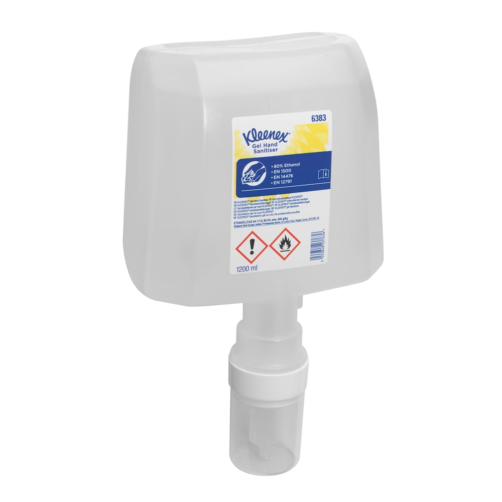 A Single Clear, White, Blue and Yellow 6383 Kleenex Gel Hand Sanitiser Refill