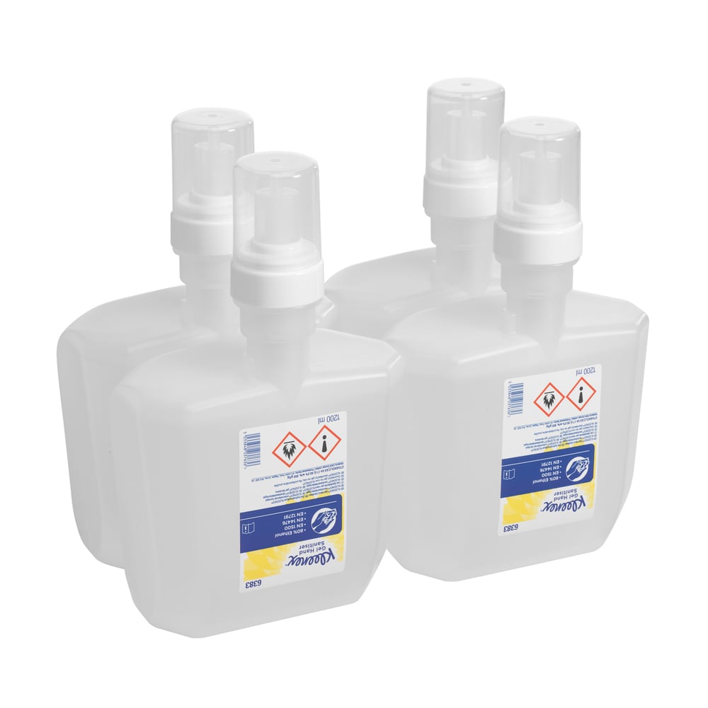 A Stack of Four Clear, Blue, White and Yellow Kleenex 6383 Hand Sanitiser Refills