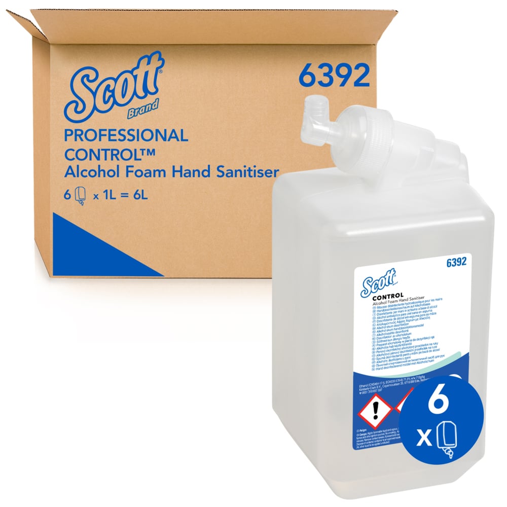 A Single Clear, White and Blue Refill Next to a Brown and Blue Case of 6392 Scott Professional Control Hand Sanitiser