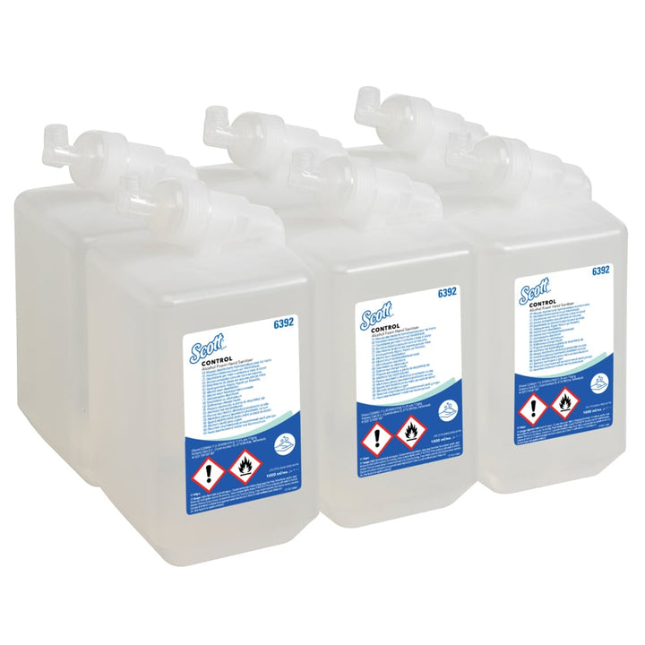 A Stack of Six Clear, White and Blue 6392 Scott Professional Control Hand Sanitiser
