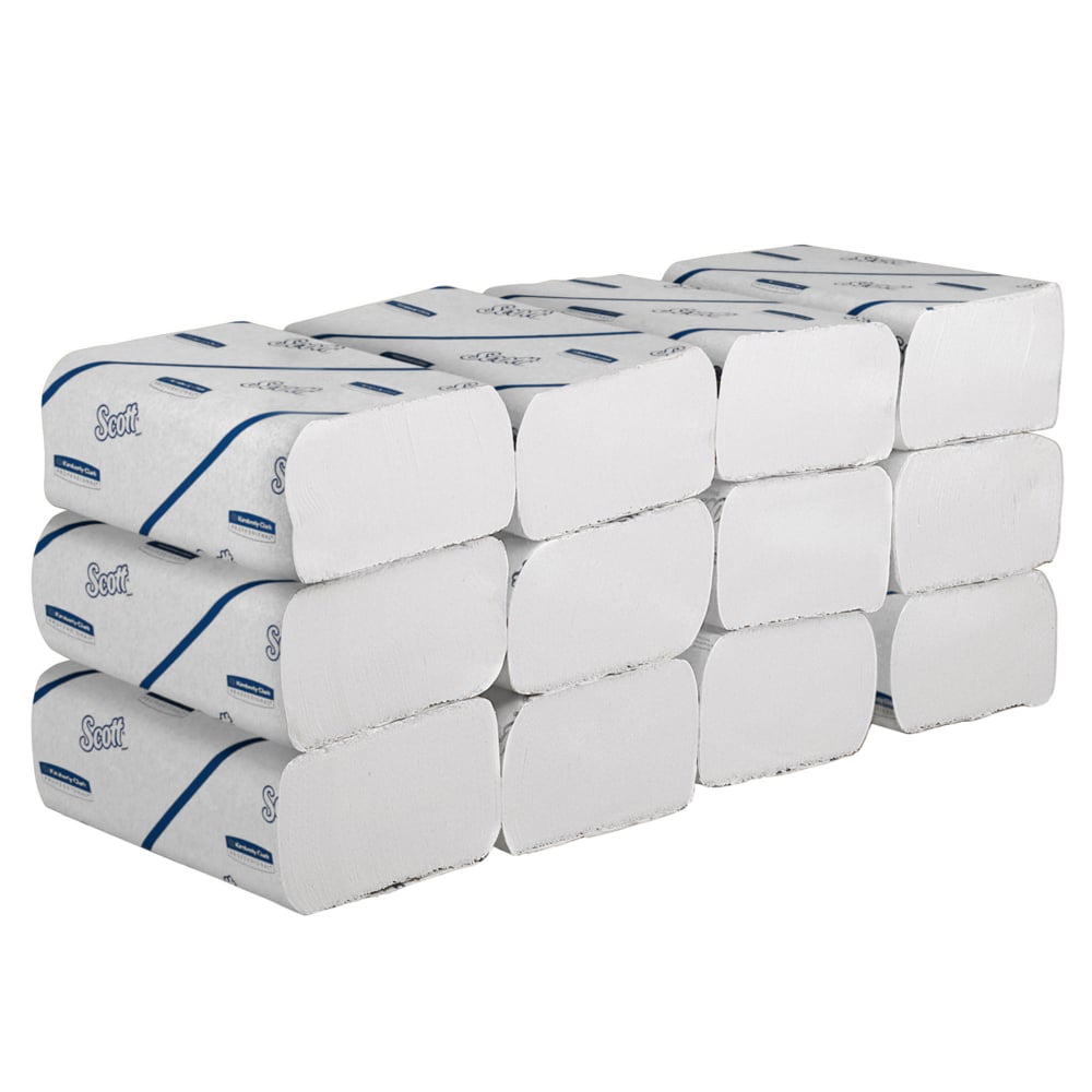A Stack of White and Blue 6636 Scott Essential Paper Hand Towels