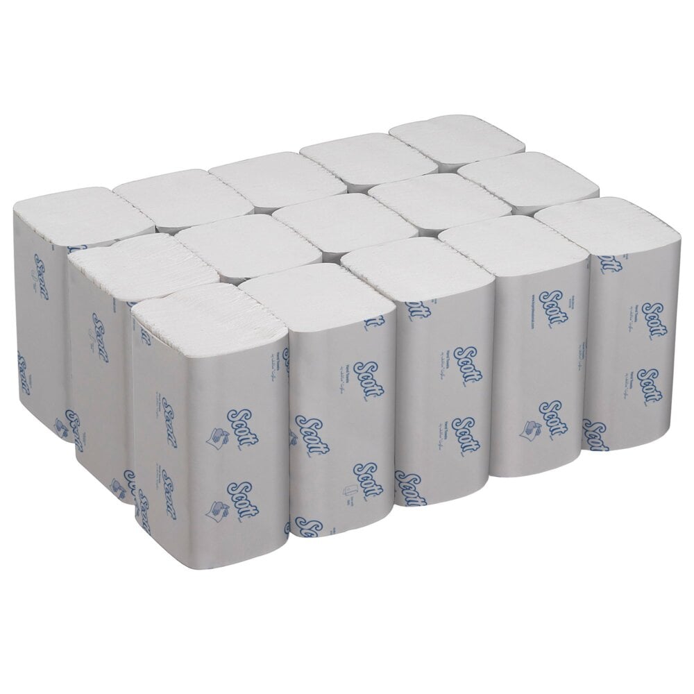 A Stack of White and Blue 6637 Scott Paper Hand Towels