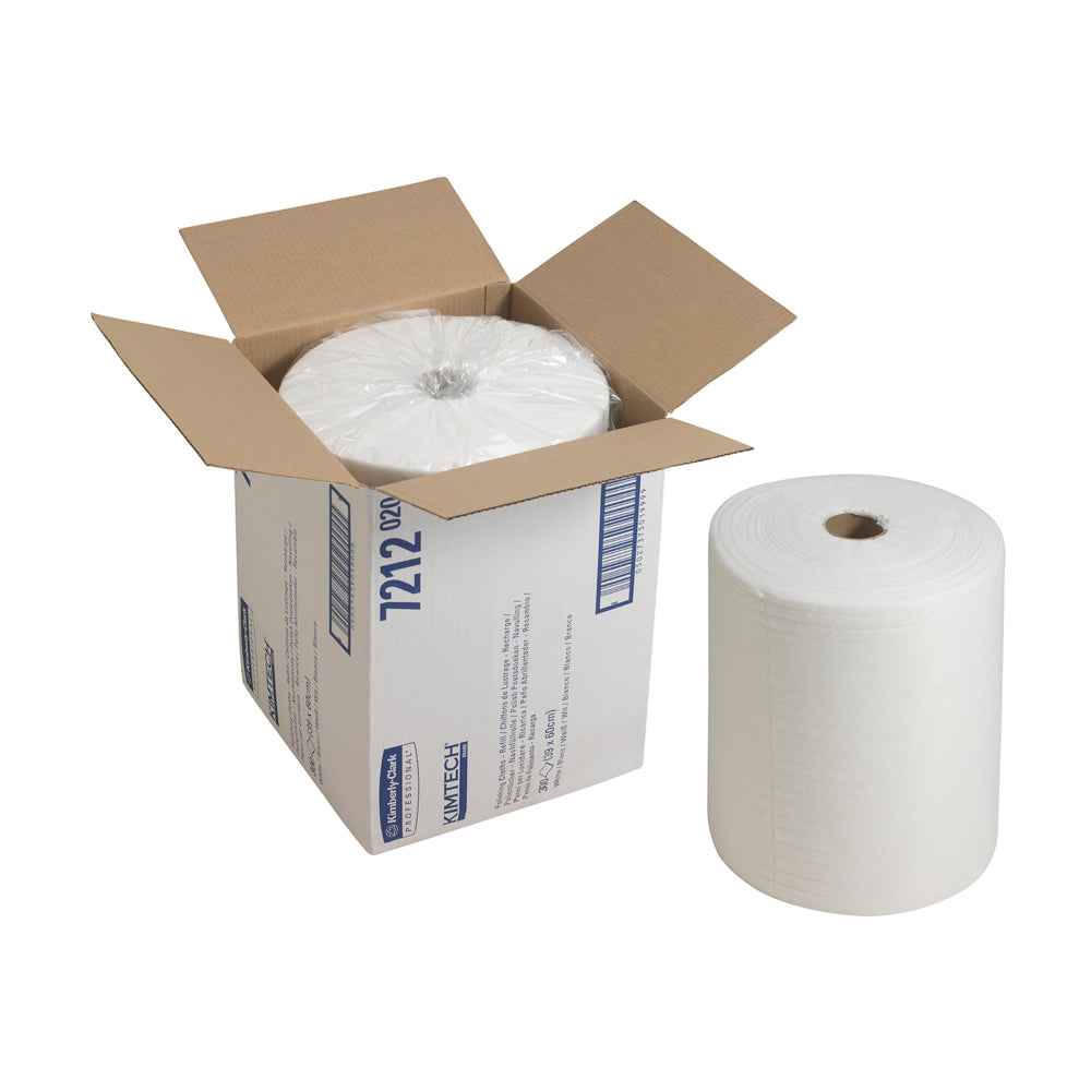 An Open White and Blue Case of 7212 Kimtech White Polishing Cloths with Roll