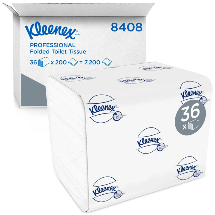 A White and Blue Case and Pack of 8408 Kleenex Professional Folded Hand Tissues