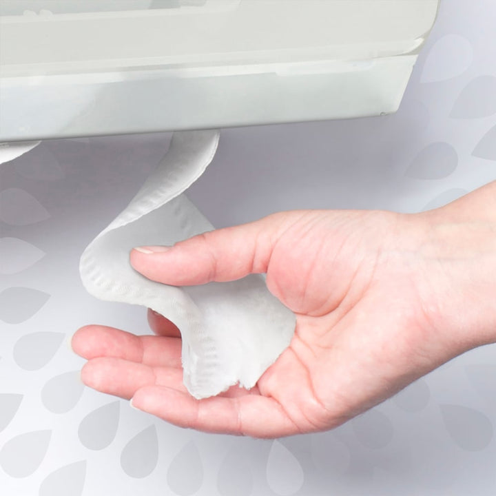 A Person Using a Roll of White 8477 Paper Tissue from a White Dispenser