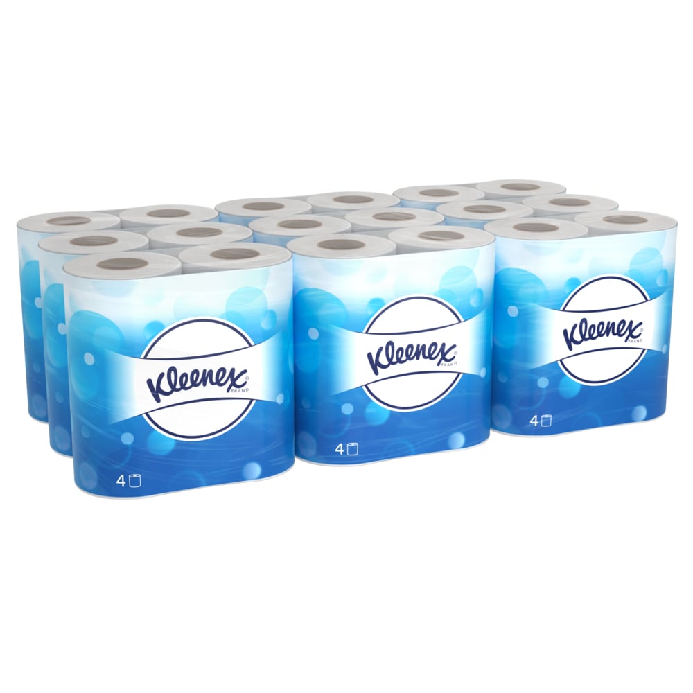A Stack of White and Blue Packs of 8477 Kleenex Professional Toilet Paper Rolls