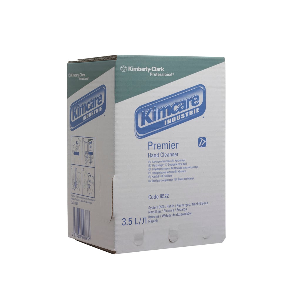 A White, Blue and Green Box of 9522 Kimcare Industrie Premier Hand Cleanser