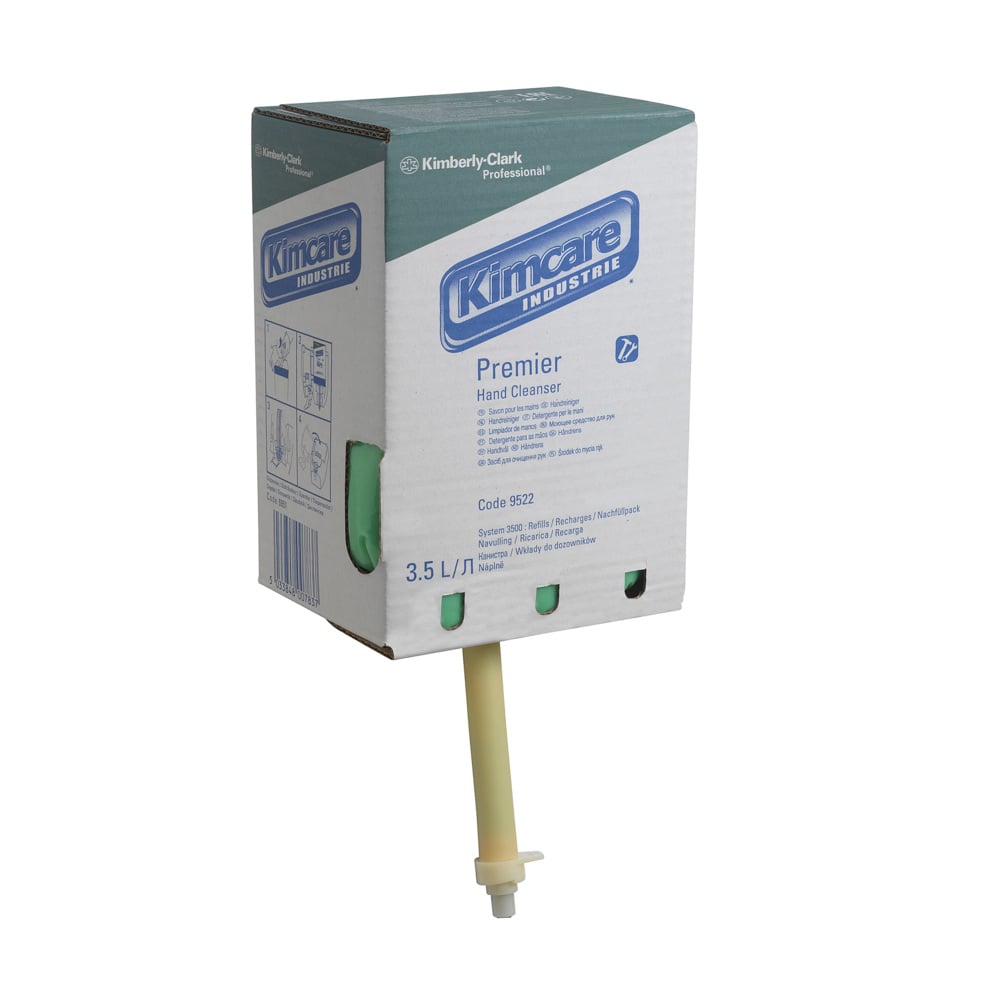 A White, Blue and Green Box of 9522 Kimcare Industrie Premier Hand Cleanser