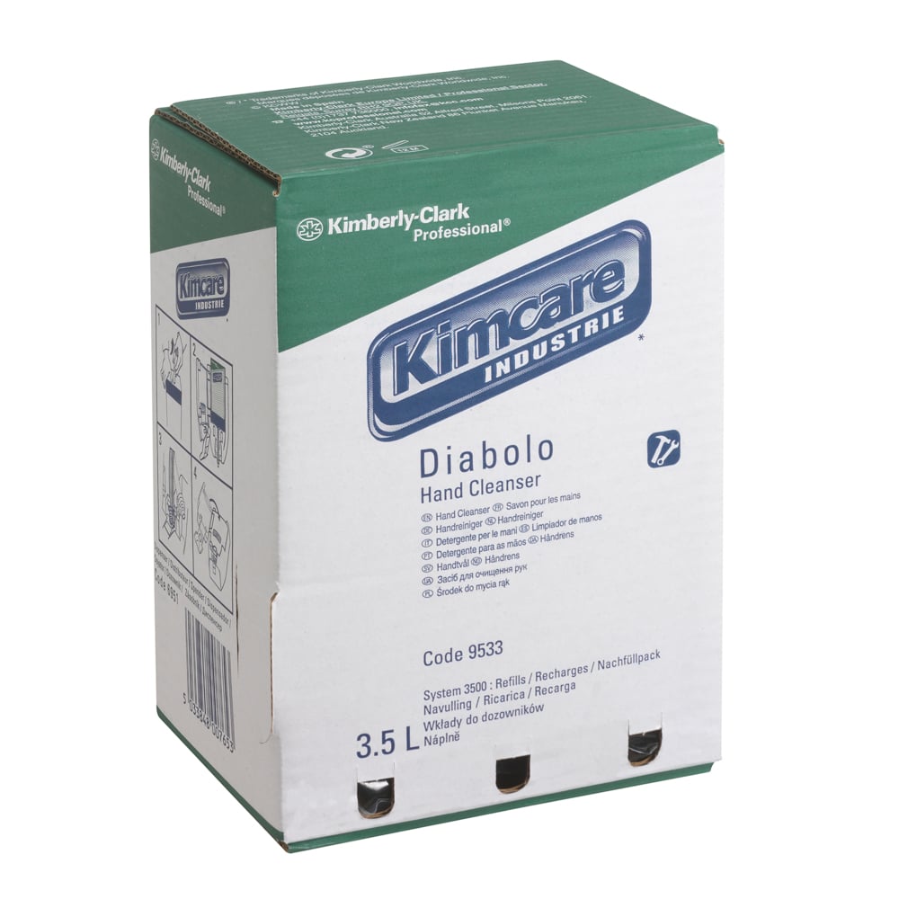 A White, Blue and Green Box of 9533 Kimcare Industrie Diabolo Hand Cleanser
