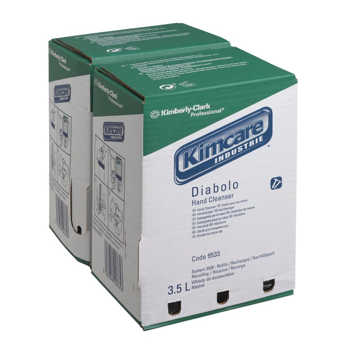 Two White, Blue and Green Boxes of 9533 Kimcare Industrie Diabolo Hand Cleanser