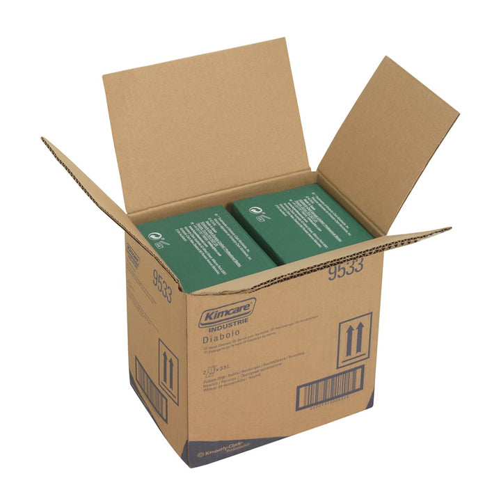 An Open Brown and Blue Case of Two Green Packs of 9533 Kimcare Industrie Diabolo Hand Cleanser