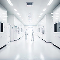 Image of two people standing in a corridor leading to cleanrooms