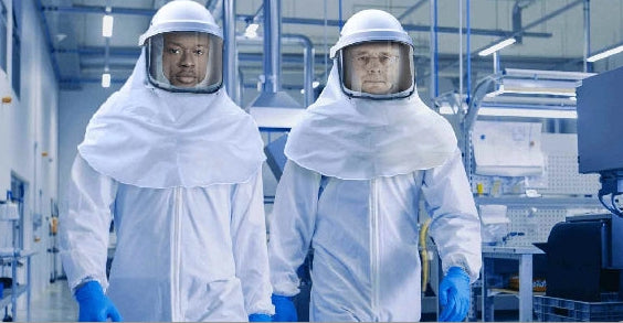 Two Men in White Hooded Lab Coats and Blue Gloves in a Lab