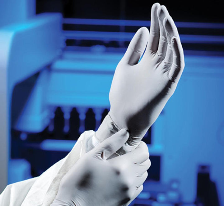 Pair of White 11821 KIMTECH PURE* G3 Sterile STERLING* Nitrile Gloves on Hands - 30cm Hand Specific - Sentinel Laboratories Ltd