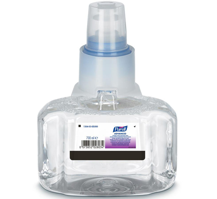 Clear Container of 1304-03 PURELL® Advanced Hygienic Hand Sanitising Foam, LTX™ 700ml Refill - White, Black and Blue Label Design - Sentinel Laboratories Ltd