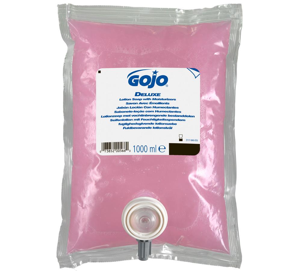 Pink and Grey Plastic Pack of 2117-08 GOJO® Deluxe Lotion Hand Soap with Moisturisers, NXT® 1000ml Refill - White and Blue Branding - Sentinel Laboratories Ltd
