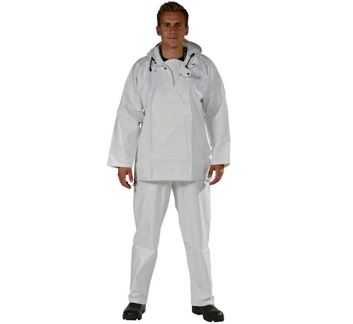 A Man Wearing a White Ocean Off-Shore Hunter's Smock with White Trousers and Black Boots - Sentinel Laboratories Ltd