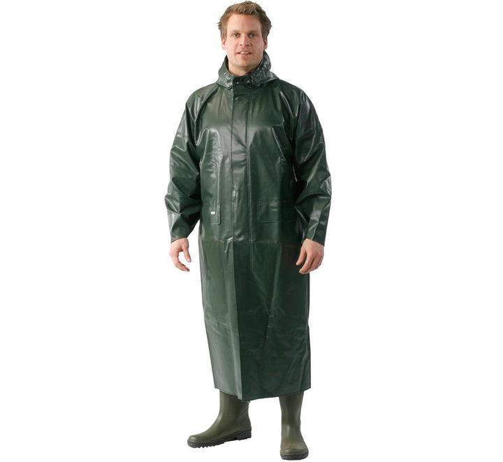 Man Wearing Olive Ocean Off-Shore Long Coat with Green Wellington Boots - Sentinel Laboratories Ltd