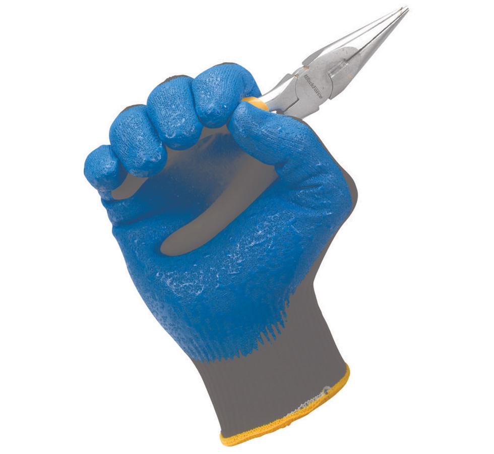 Blue Palm, Grey Cuff 40225 JACKSON* G40 Blue Nitrile Foam Coated Glove Holding a Pair of Pliers - Sentinel Laboratories Ltd