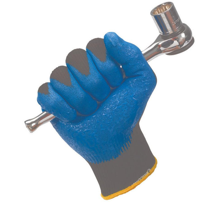 Blue Palmed, Grey Colour Cuff 40225 JACKSON* G40 Blue Nitrile Foam Coated Glove Holding a Silver Socket Wrench - Sentinel Laboratories Ltd