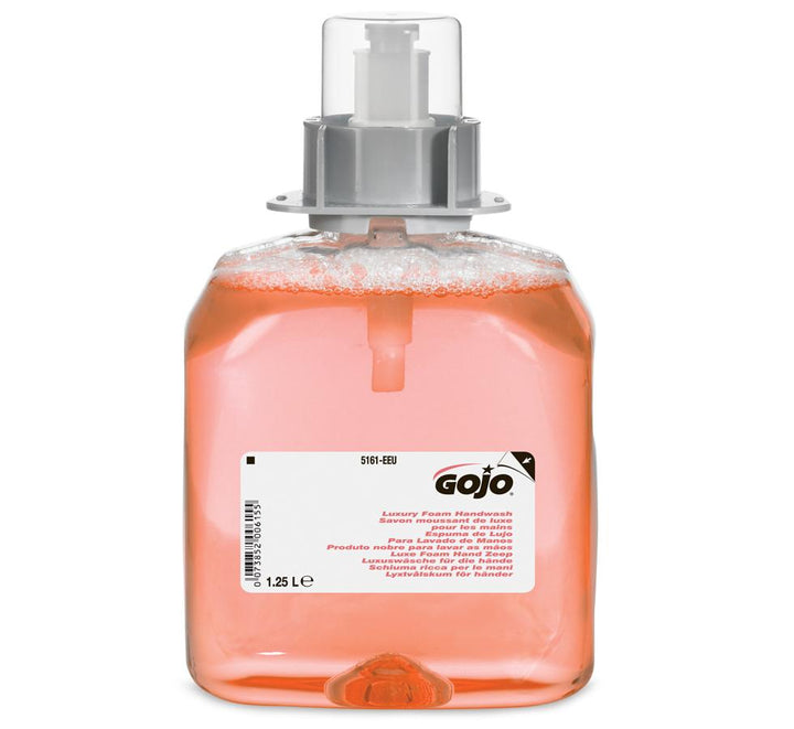Orange Coloured Clear Container of 5161-03 GOJO® Luxury Foam Handwash, FMX™ 1250ml Refill - White and Orange Label, Grey Cap - Sentinel Laboratories Ltd
